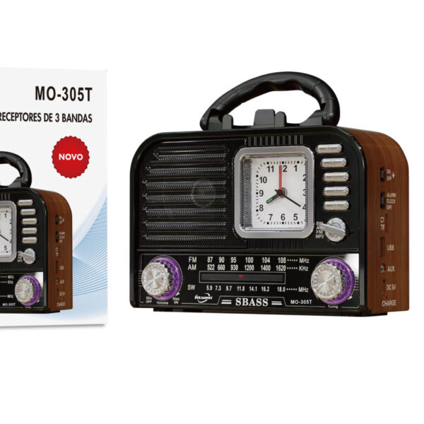 Radio FM 3 Bandas Bluetooth Relógio C/Lanterna MO-305T