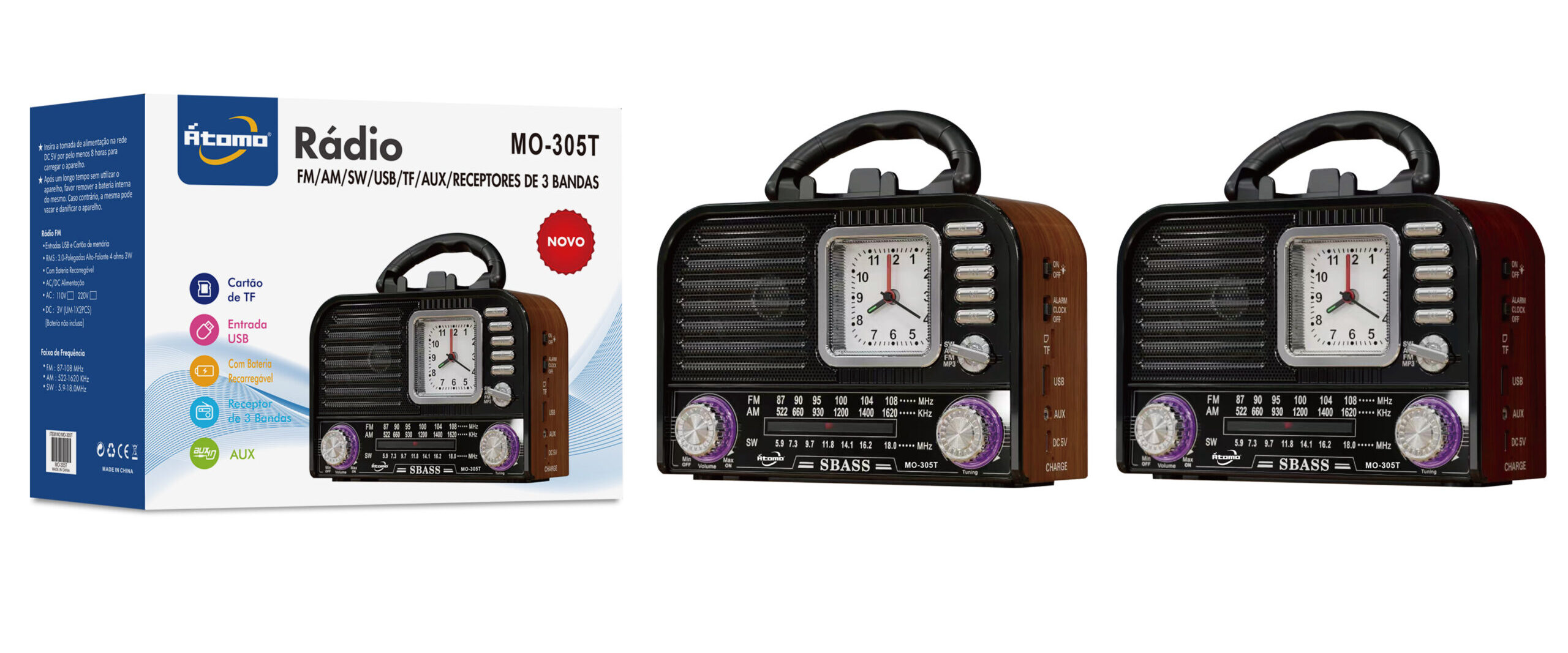 Radio FM 3 Bandas Bluetooth Relógio C/Lanterna MO-305T