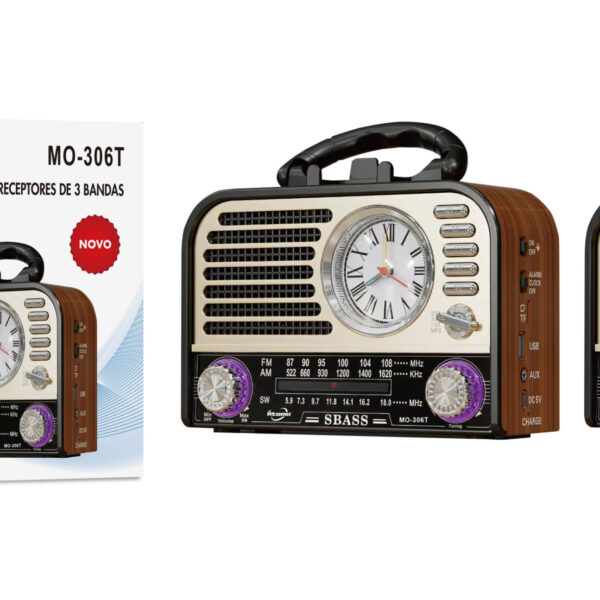 Radio FM 3 Bandas Bluetooth Relógio C/Lanterna MO-306T