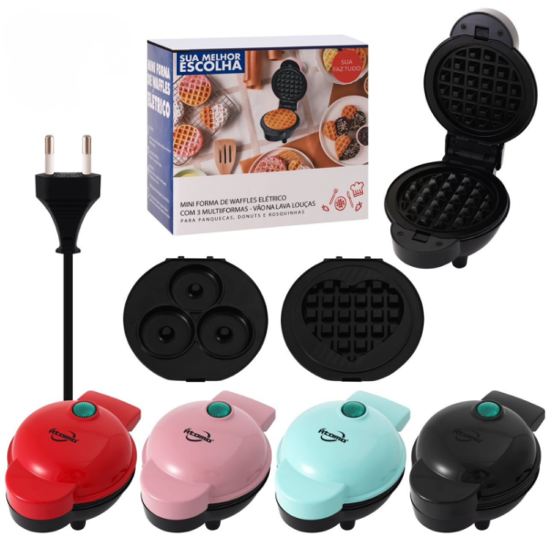 Mini Forma de Waffles Elétrico com 3 Chapas Intercambiáveis MO-3IN-B