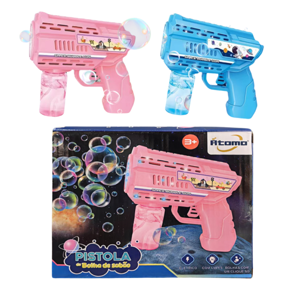 Pistola de bolha de sabão com luzes e  sabão carregado; funciona  com detergente MY5502